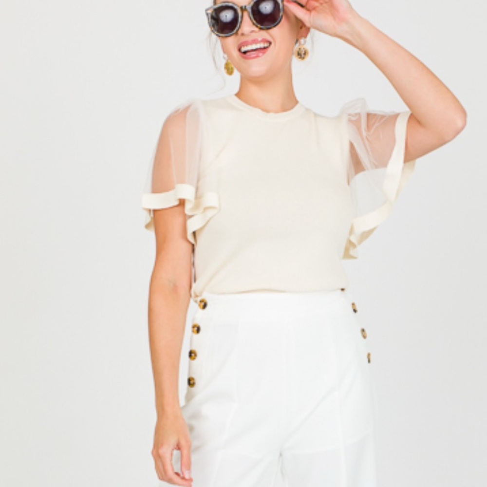 Ellison Cream Knit Sweater Top with Sheer Sleeves